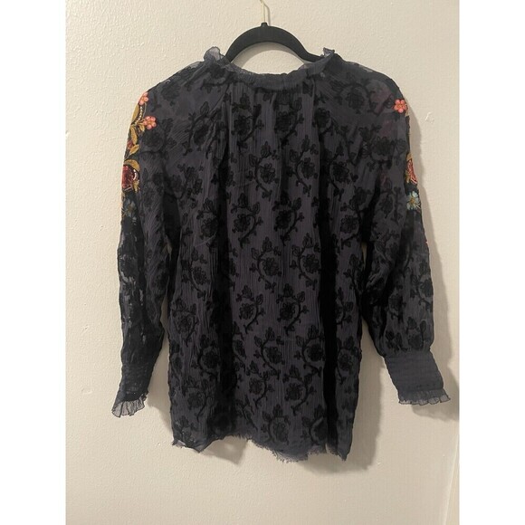 Sundance Long Sleeve Lace Top Embroidered Tie Front Sheer Size S Floral Blouse - Picture 4 of 10